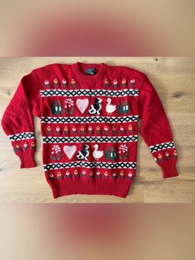 Y2K Charter Club 97% Wool Charming Red Nordic Animal & Heart Knit Sweater